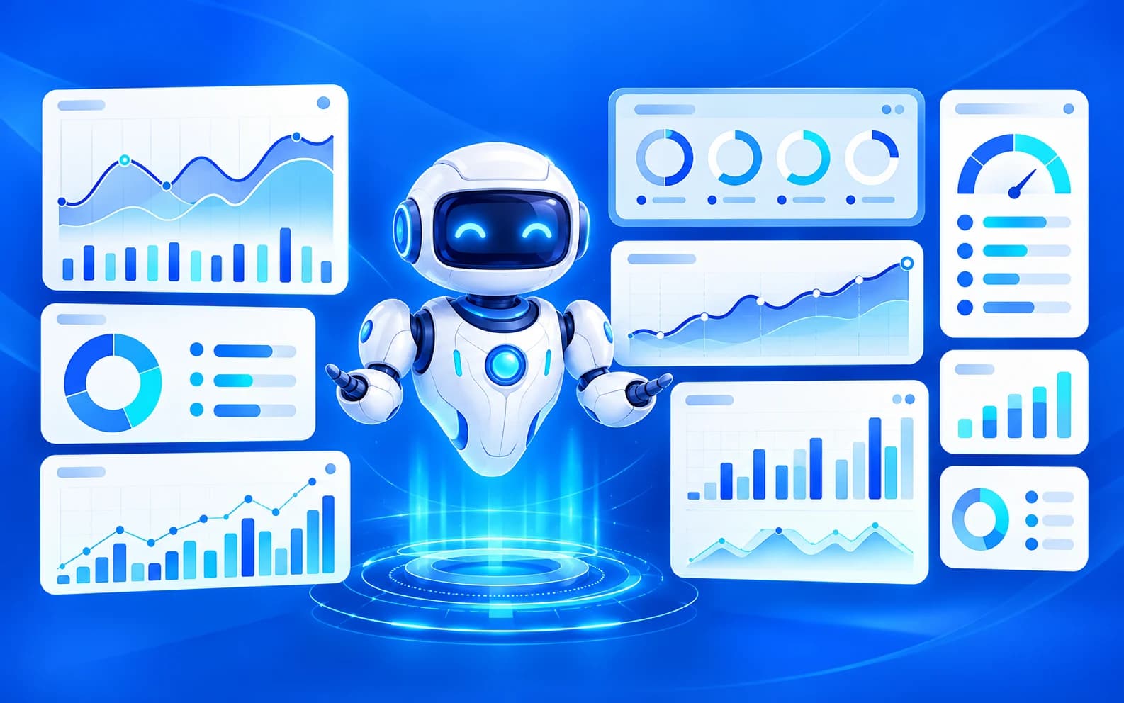 AI assistant robot surrounded by business analytics dashboards in AMX blue.