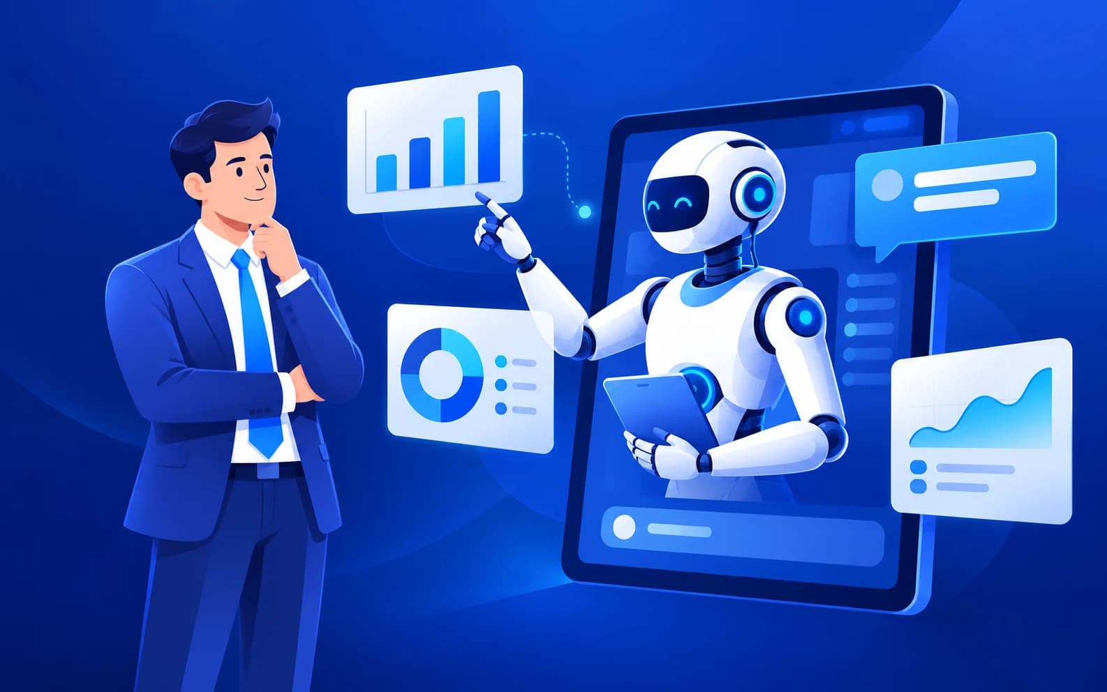 Business professional reviewing analytics with an AI assistant in AMX blue.