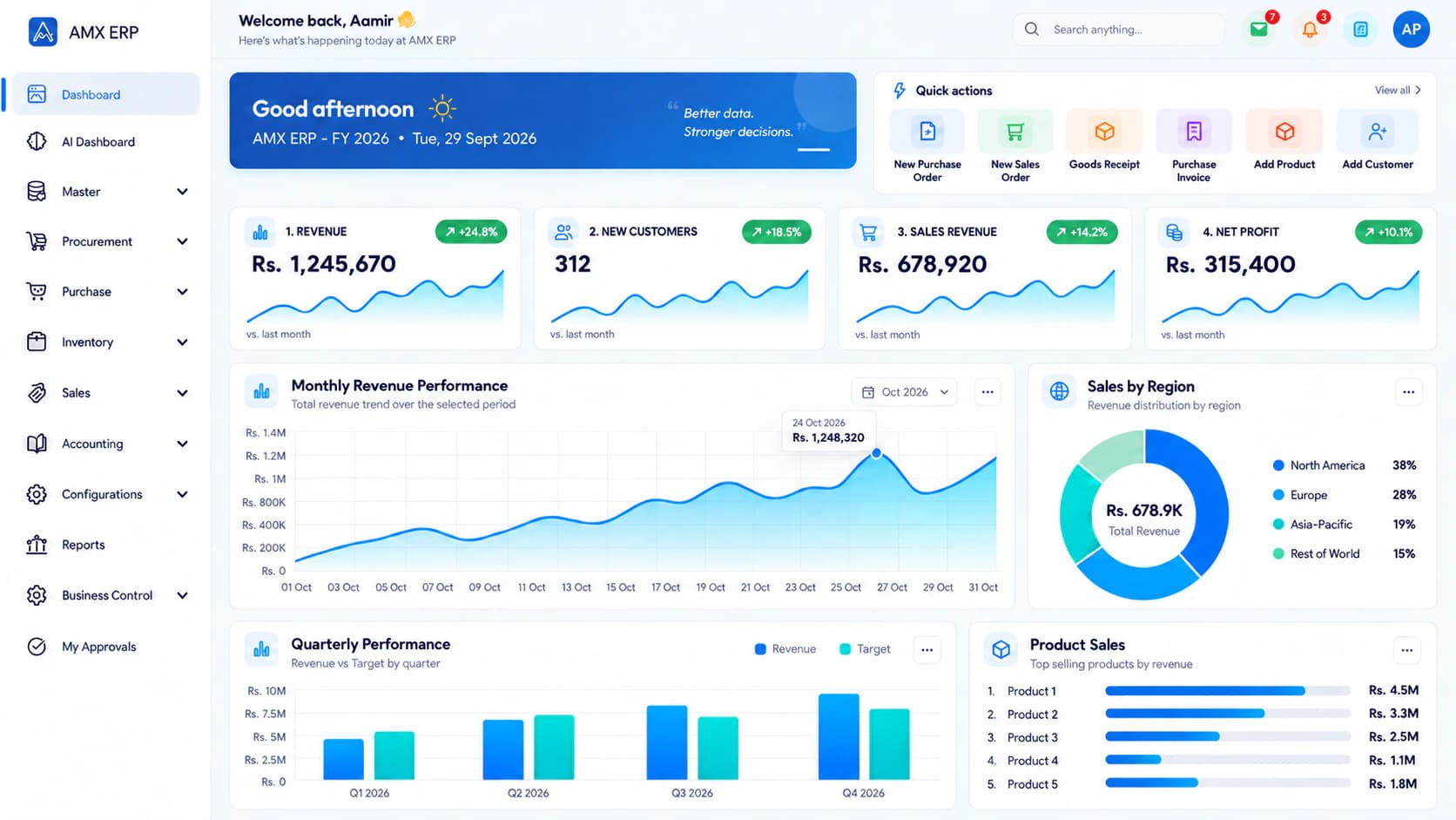 AMX ERP dashboard with a collapsed icon menu and a diagonal light and dark mode preview